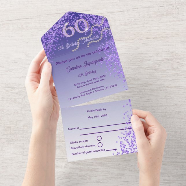 Beautiful Purple Glitter 60th Happy Birthday All In One Invitation (Tearaway)