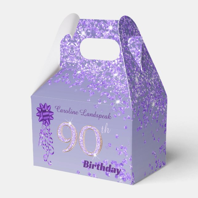 Beautiful Purple Glitter Ribbon 90th Birthday Favor Boxes (Front Side)