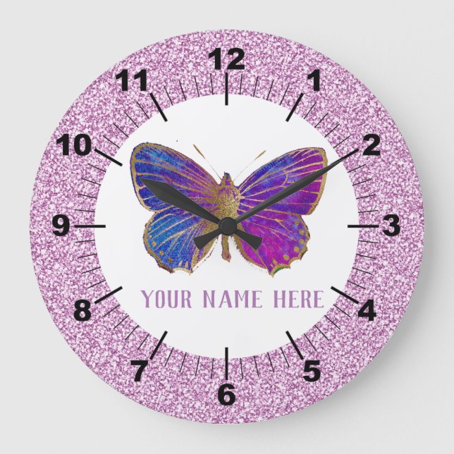 Beautiful Purple : Gold Butterfly Large Clock (Front)