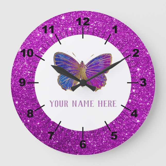 Beautiful Purple & Gold Butterfly Large Clock (Front)