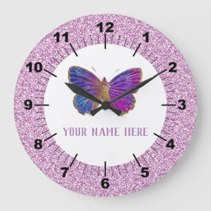 Beautiful Purple : Gold Butterfly Large Clock