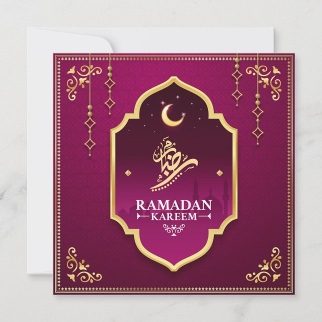 Beautiful Purple Gold Crescent Ramadan Mubarak Holiday Card (Front)