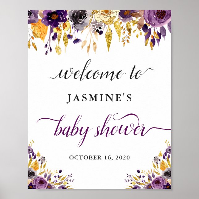 Beautiful Purple Gold Floral Baby Shower Sign (Front)