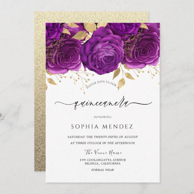 Beautiful Purple & Gold Floral Sparkle Quinceanera Invitation (Front/Back)