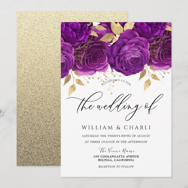 Beautiful Purple & Gold Floral Sparkle Wedding Invitation (Front/Back)