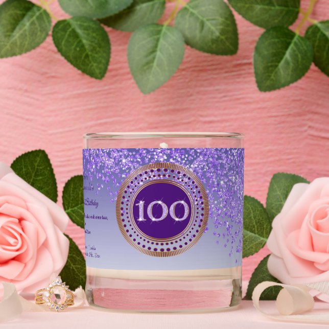 Beautiful Purple & Gold Glitter 100th Birthday Scented Candle (Wedding)