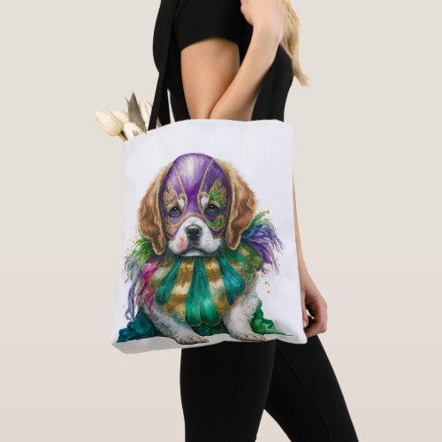 BEAUTIFUL PURPLE GREEN GOLD MARDI GRAS PUPPY DOG TOTE BAG