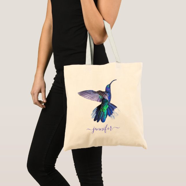 Beautiful Purple Hummingbird Personalized Name Tote Bag (Front (Product))