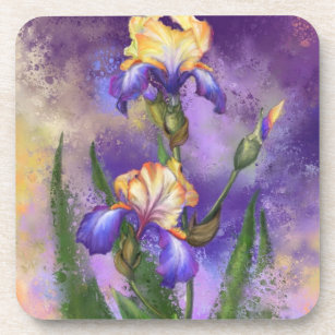 Beautiful Purple Iris Flower Migned Art Painting   Beverage Coaster