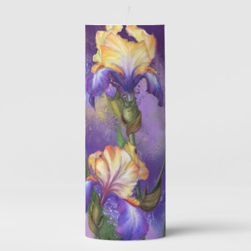 Beautiful Purple Iris Flower Migned Art Painting   Pillar Candle
