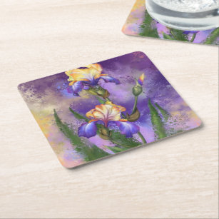 Beautiful Purple Iris Flower Migned Art Painting   Square Paper Coaster