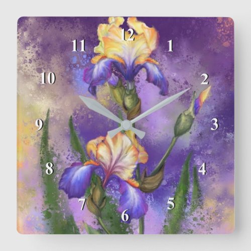 Beautiful Purple Iris Flower Migned Art Painting Square Wall Clock