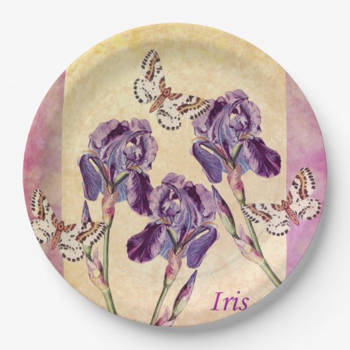 Beautiful Purple Iris Flowers and Butterfly Paper Plates