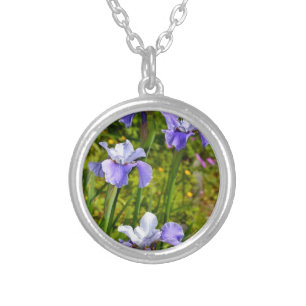 Beautiful purple iris flowers silver plated necklace