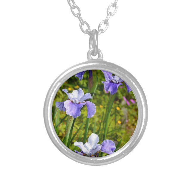 Beautiful purple iris flowers silver plated necklace (Front)