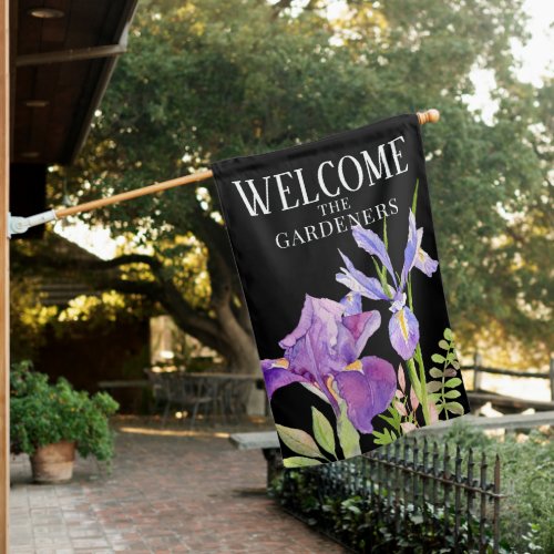 Beautiful Purple Iris Flowers  WELCOME on Black House Flag