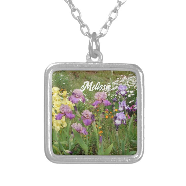 Beautiful Purple Iris Irises flower floral Garden Silver Plated Necklace (Front)