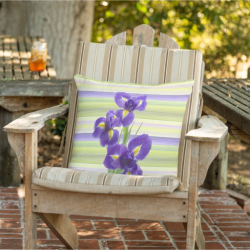 Beautiful Purple Iris Watercolor Stripes Pattern Outdoor Pillow