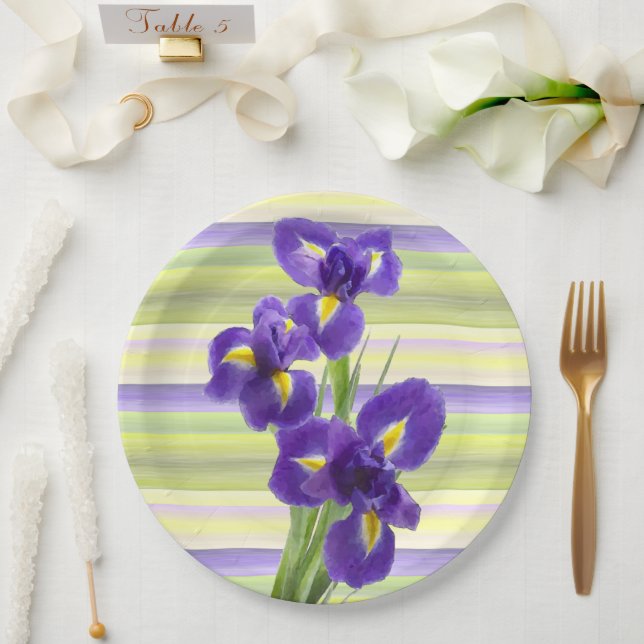 Beautiful Purple Iris Watercolor Stripes Pattern Paper Plates (Wedding)