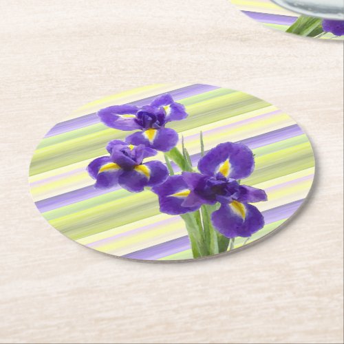 Beautiful Purple Iris Watercolor Stripes Pattern Round Paper Coaster
