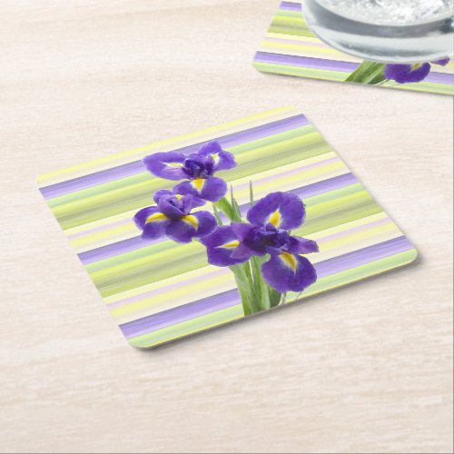 Beautiful Purple Iris Watercolor Stripes Pattern Square Paper Coaster