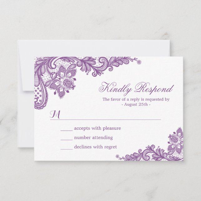 Beautiful Purple Lavender Lace Wedding RSVP Card (Front)