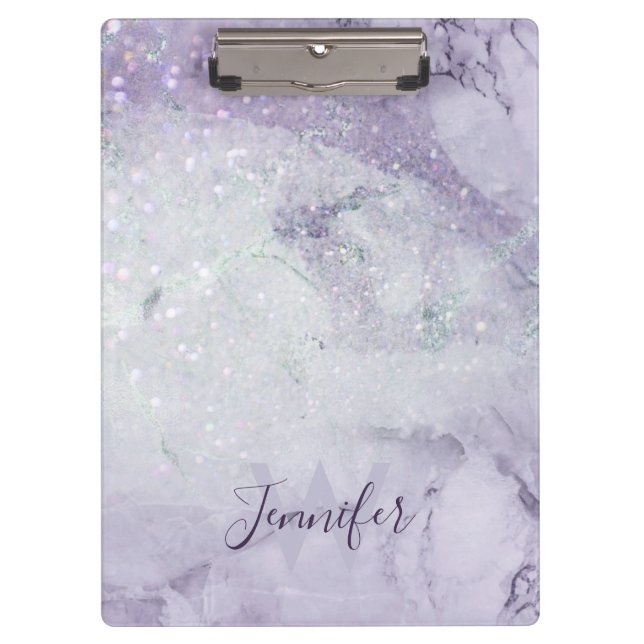 Beautiful Purple Marble and Glitter Monogrammed Clipboard (Front)