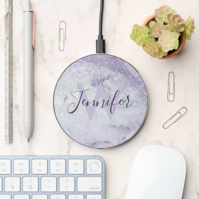 Beautiful Purple Marble and Glitter Monogrammed Wireless Charger (Desk)