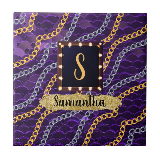 Beautiful Purple Monogram Elegant Chic Ceramic Tile (Front)