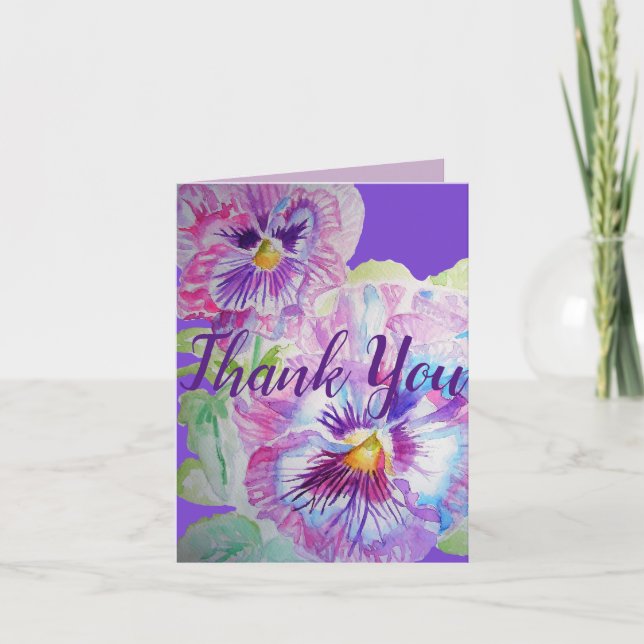 Beautiful Purple Pansy Watercolour Thank You Card (Front)