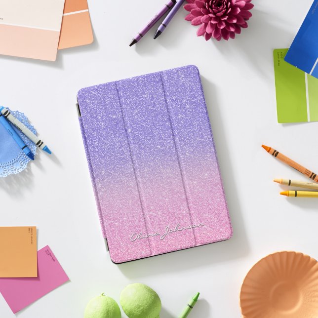 Beautiful Purple Pink Glitter Ombre iPad Pro Cover (Desk)