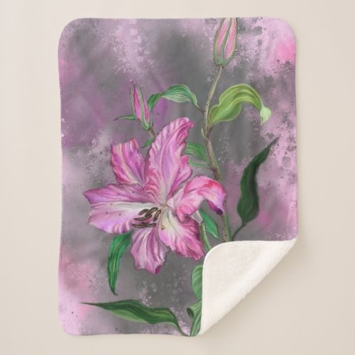 Beautiful Purple Pink Lily Flower Migned Painting  Sherpa Blanket