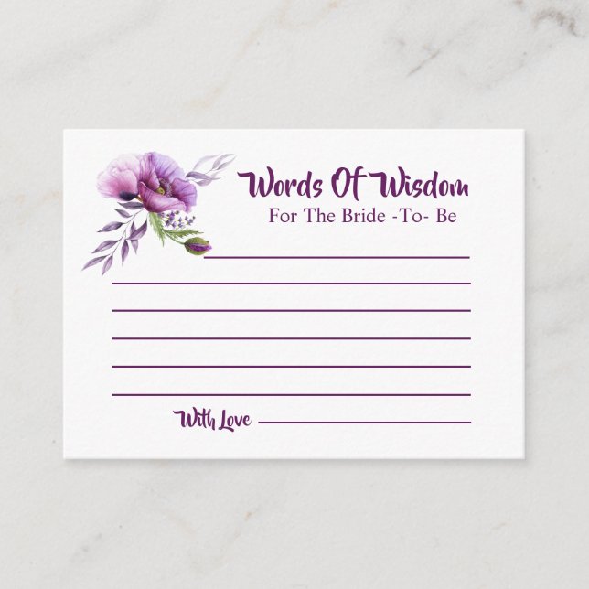 Beautiful Purple Poppies Bridal Shower Advice Card (Front)