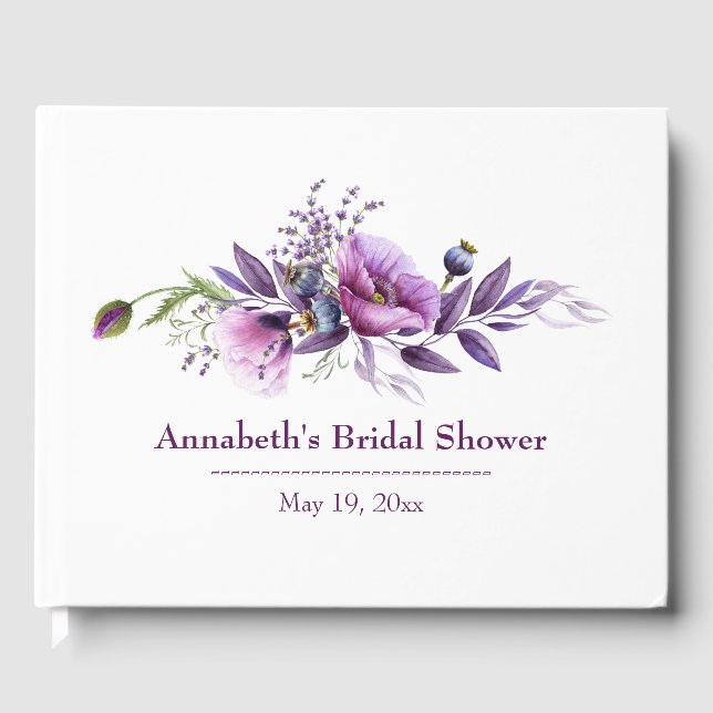 Beautiful Purple Poppies Bridal Shower Guest Book (Front)