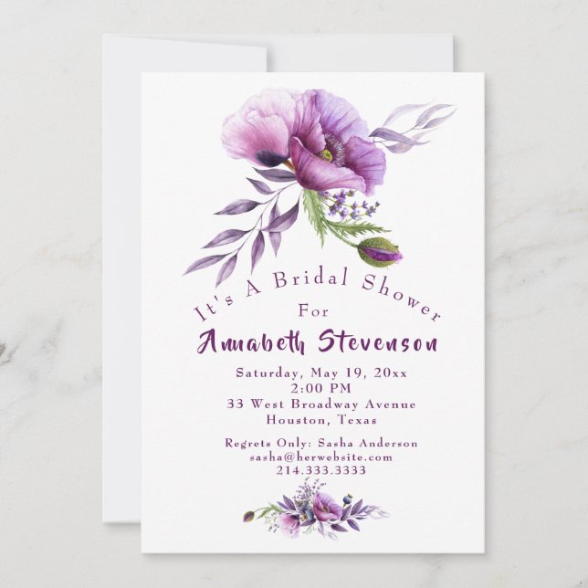 Beautiful Purple Poppies Bridal Shower Invitation (Front)