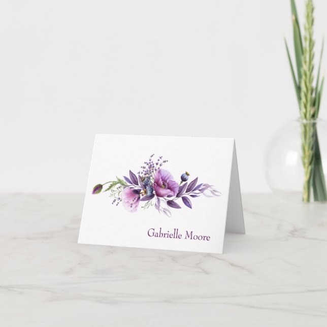 Beautiful Purple Poppies Name Inscribed Note Card (Front)