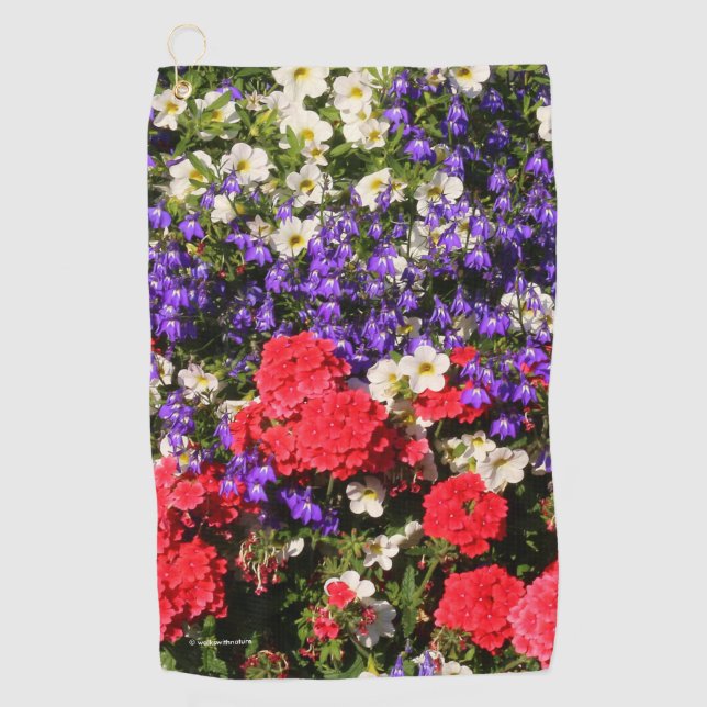 Beautiful Purple, Red, and White Annual Flowers Golf Towel (Front)