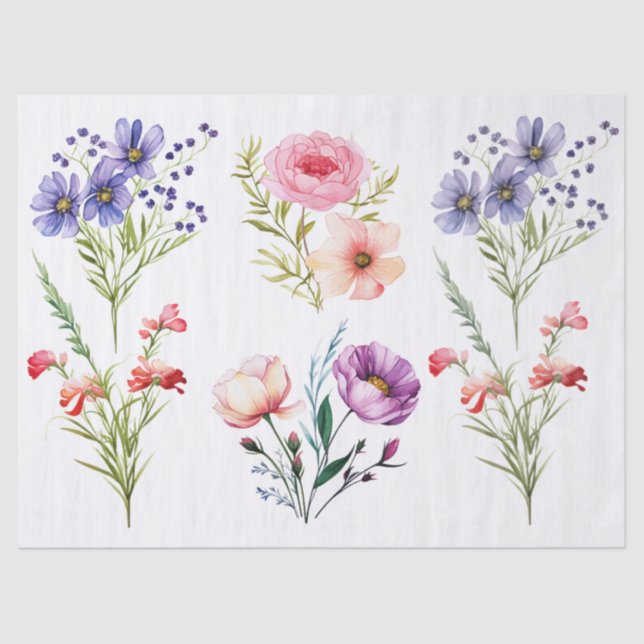 Beautiful Purple Red Pink Flowers Decoupage Tissue Paper (Front)