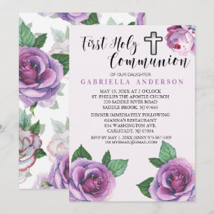 Beautiful Purple Roses First Holy Communion Invitation