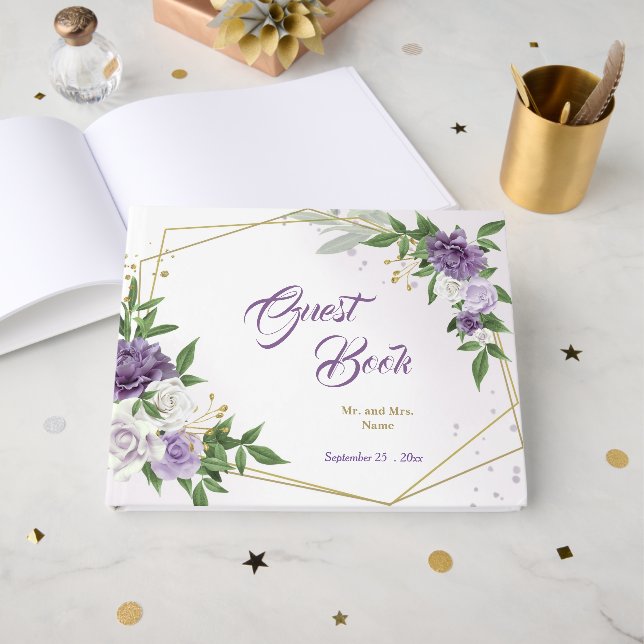 beautiful purple shades flowers geometric guest book (Front Open)