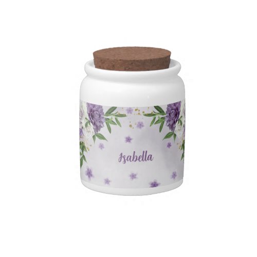 beautiful purple shades flowers greenery  candy jar