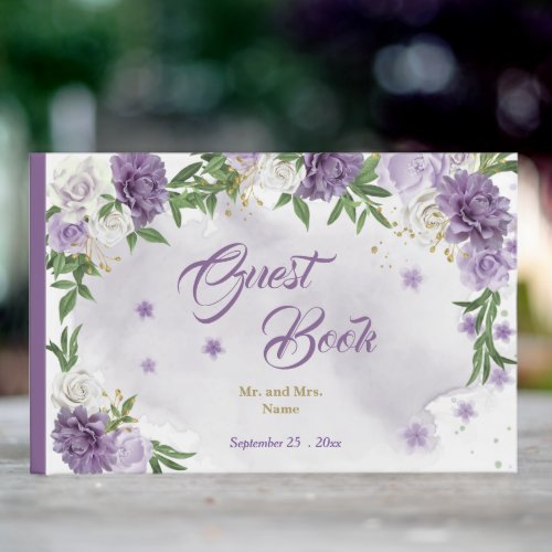 beautiful purple shades flowers greenery guest book