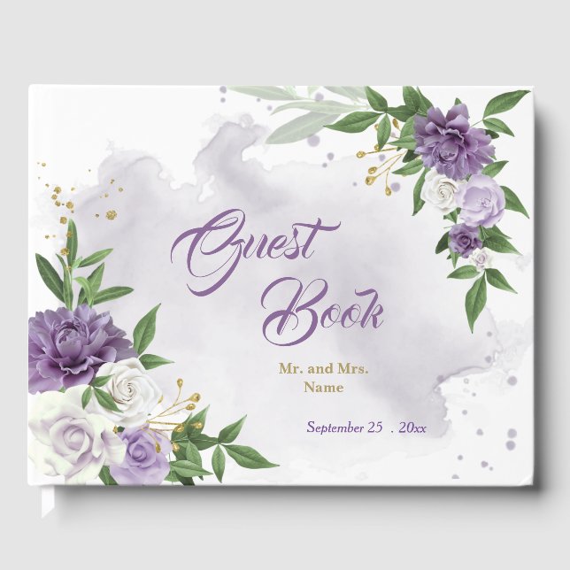 beautiful purple shades flowers greenery guest book (Front)
