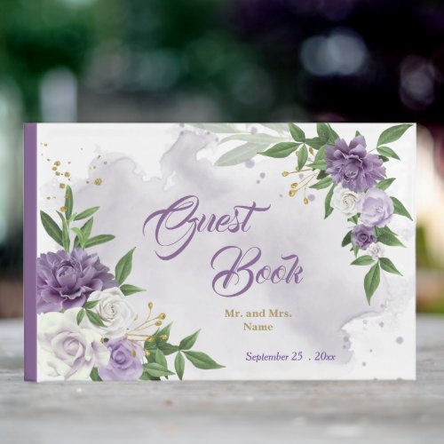 beautiful purple shades flowers greenery guest book