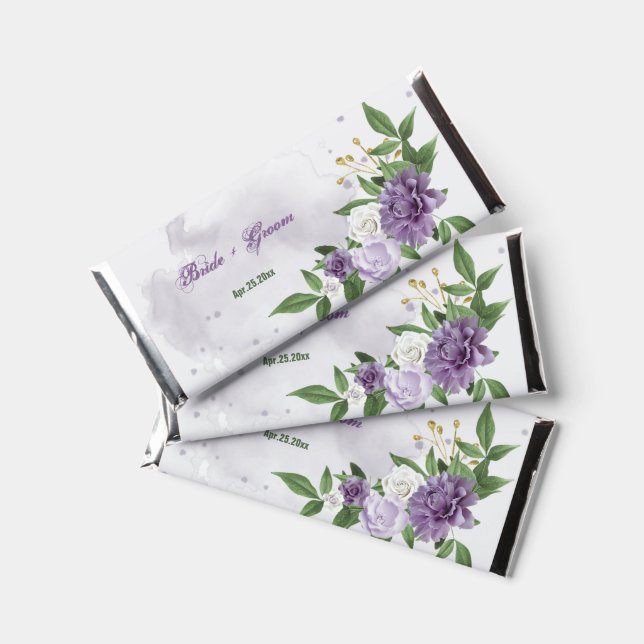 beautiful purple shades flowers greenery  hershey bar favors (Front)