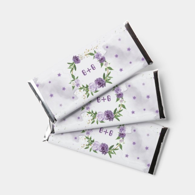 beautiful purple shades flowers greenery  hershey bar favors (Front)