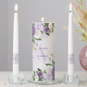 beautiful purple shades flowers greenery wedding unity candle set