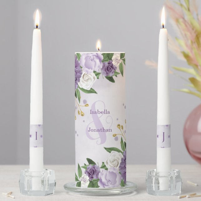 beautiful purple shades flowers greenery wedding unity candle set (In Situ)
