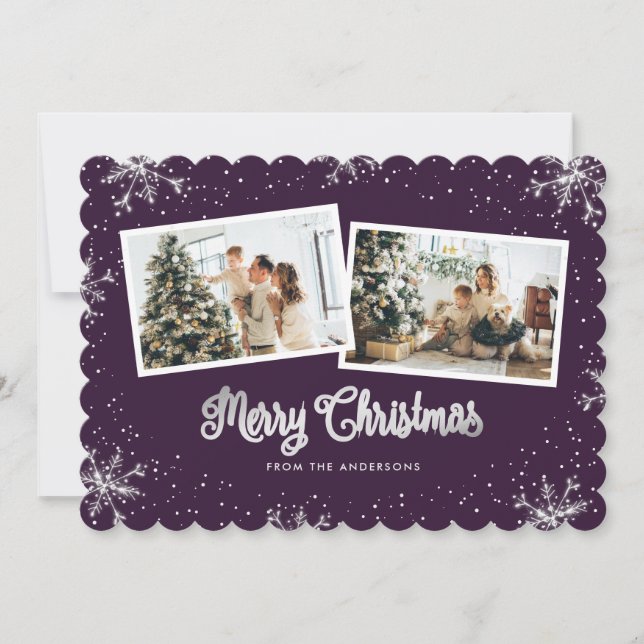 Beautiful Purple Silver Snowflakes Photo Christmas Holiday Card (Front)