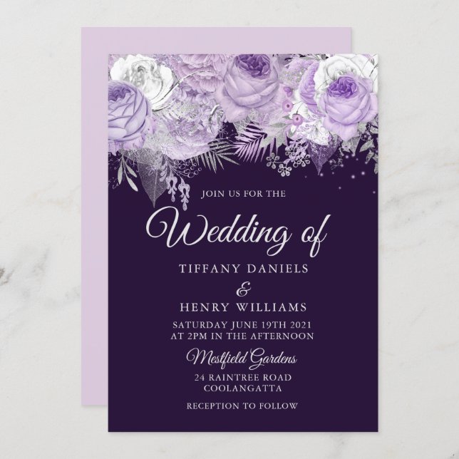 Beautiful Purple Sparkle Floral Wedding Invite (Front/Back)
